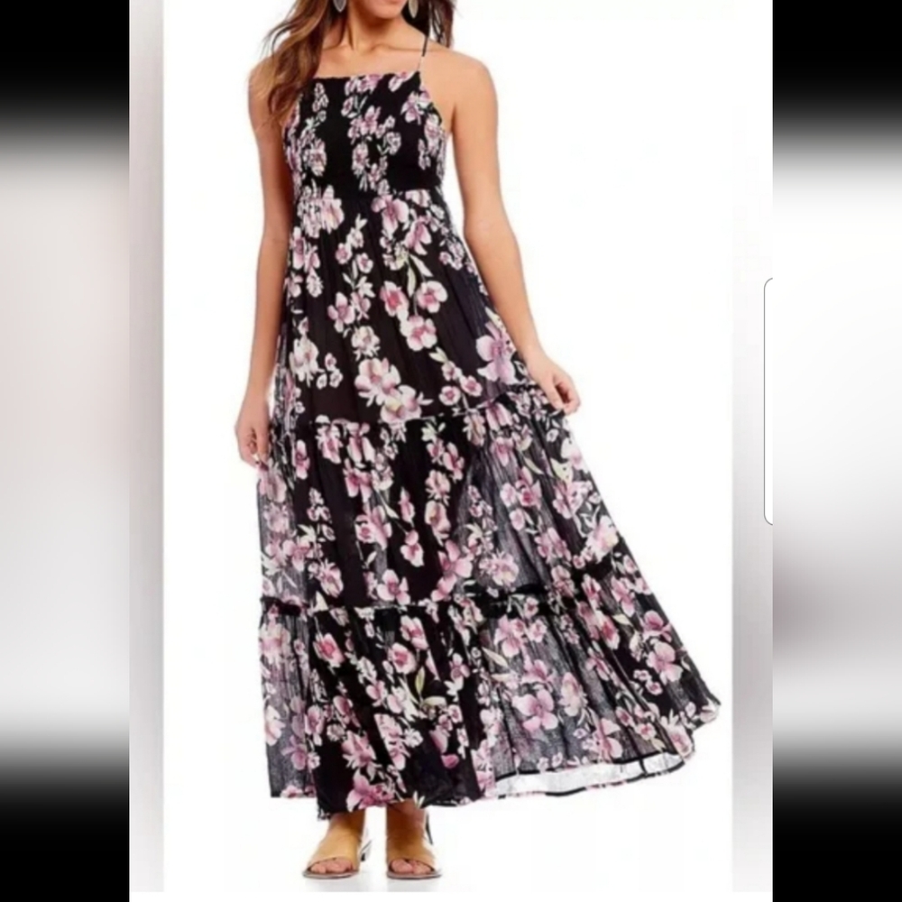 Free People Garden Party Floral Maxi Dress - Black and Pink Floral Sz L